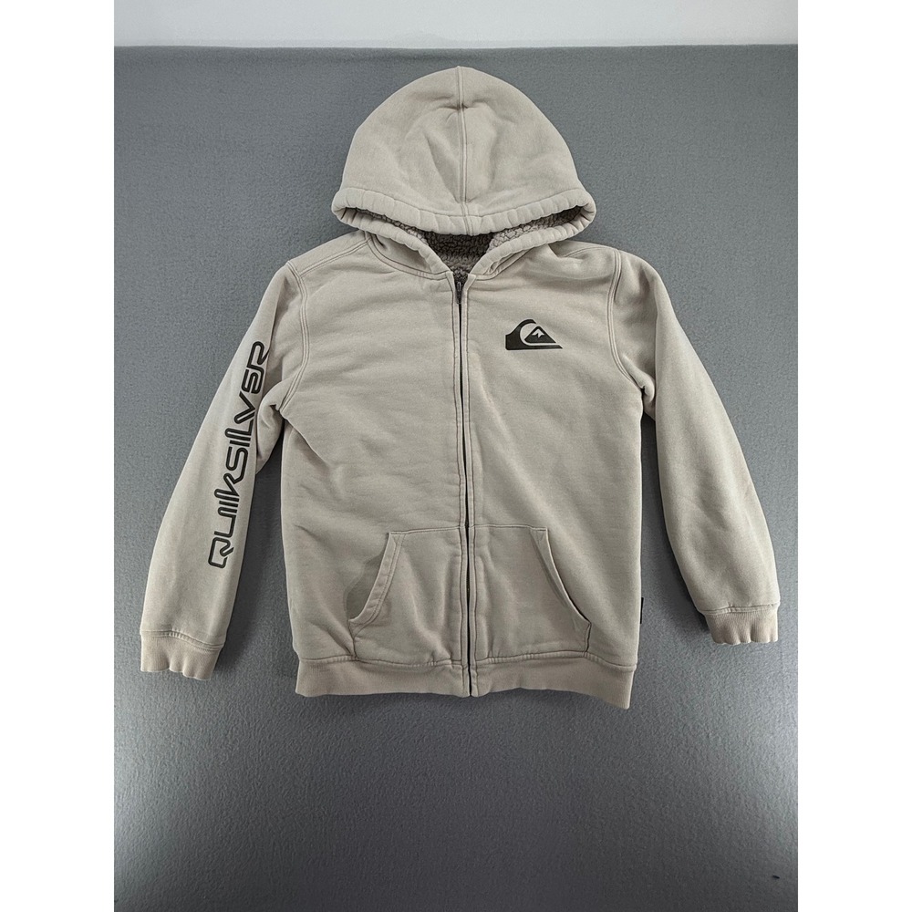 Quiksilver Mens Sherpa Lined Hood Full Zip Hoodie Tan Khaki Logo Sweatshirt